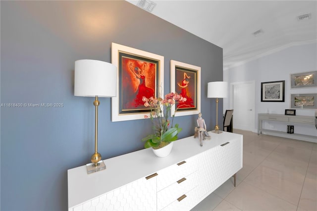 14051 SW 48th St, Miami, FL 33175 - corridor with ornamental molding, light tile patterned floors, and vaulted ceiling