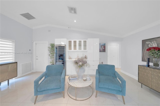 14051 SW 48th St, Miami, FL 33175 - sitting room featuring lofted ceiling, baseboards, light tile patterned flooring, and crown molding