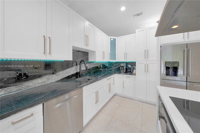 14051 SW 48th St, Miami, FL 33175 - kitchen featuring appliances with stainless steel finishes, a sink, white cabinetry, dark stone counters, and glass insert cabinets