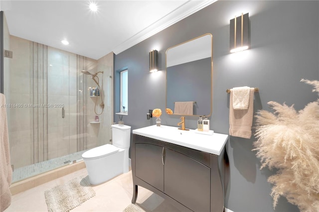 14051 SW 48th St, Miami, FL 33175 - bathroom with vanity, a stall shower, toilet, tile patterned flooring, and crown molding