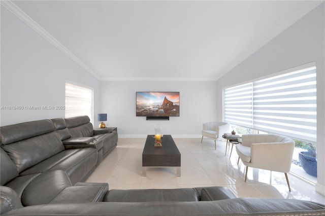 14051 SW 48th St, Miami, FL 33175 - living room featuring lofted ceiling, crown molding, and baseboards