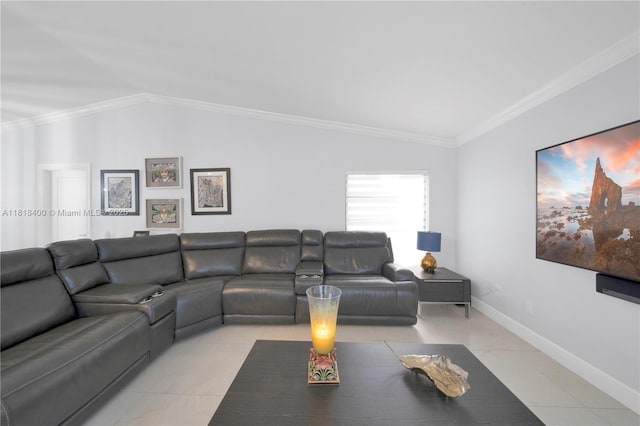 14051 SW 48th St, Miami, FL 33175 - living room with light tile patterned floors, vaulted ceiling, ornamental molding, and baseboards