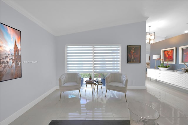 14051 SW 48th St, Miami, FL 33175 - living area featuring lofted ceiling, baseboards, tile patterned flooring, crown molding, and a chandelier