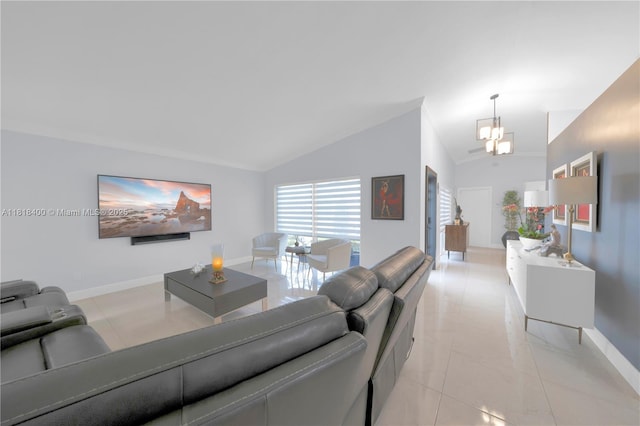 14051 SW 48th St, Miami, FL 33175 - living room with baseboards, a chandelier, light tile patterned flooring, and high vaulted ceiling