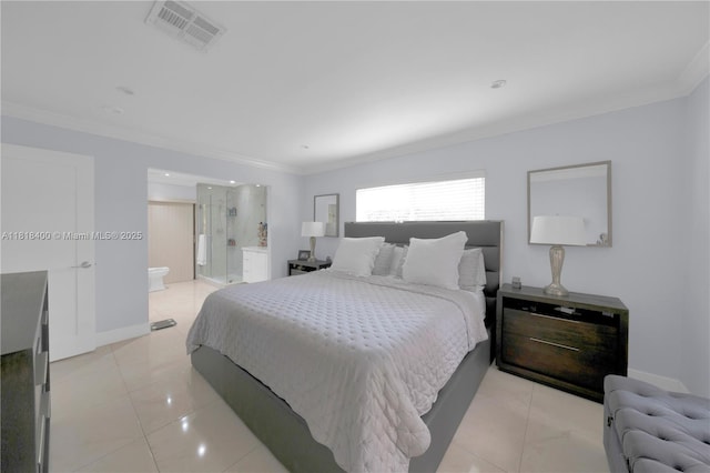 14051 SW 48th St, Miami, FL 33175 - bedroom featuring ornamental molding, light tile patterned flooring, connected bathroom, and baseboards