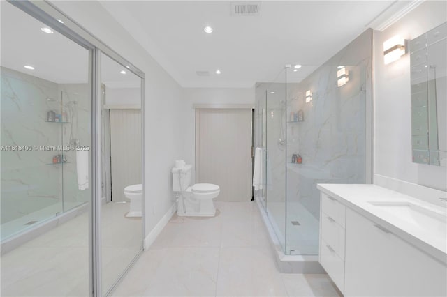 14051 SW 48th St, Miami, FL 33175 - full bathroom featuring toilet, vanity, recessed lighting, a marble finish shower, and baseboards