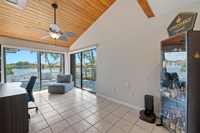 9916 SW 218th Ter, Cutler Bay, FL 33190 - tiled home office with a ceiling fan, wood ceiling, baseboards, a water view, and high vaulted ceiling