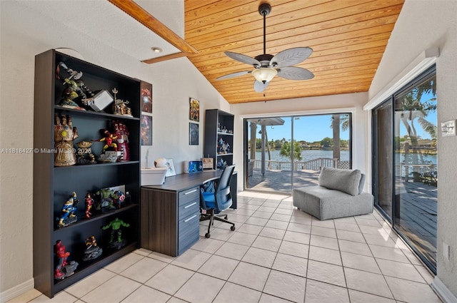 9916 SW 218th Ter, Cutler Bay, FL 33190 - home office with light tile patterned flooring, lofted ceiling, wooden ceiling, a water view, and a ceiling fan