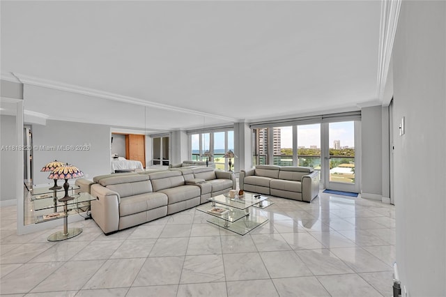 2100 S Ocean Ln Unit 703, Fort Lauderdale, FL 33316 - living room with ornamental molding and light marble finish floors