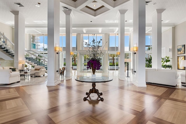 2100 S Ocean Ln Unit 703, Fort Lauderdale, FL 33316 - common area featuring stairs, a high ceiling, crown molding, coffered ceiling, and beam ceiling