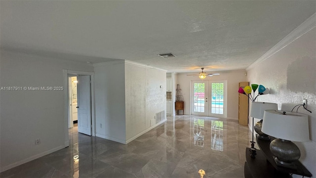 7115 SW 147th Ct, Miami, FL 33193 - living area with crown molding, french doors, marble tiled floors, ceiling fan, and a textured ceiling