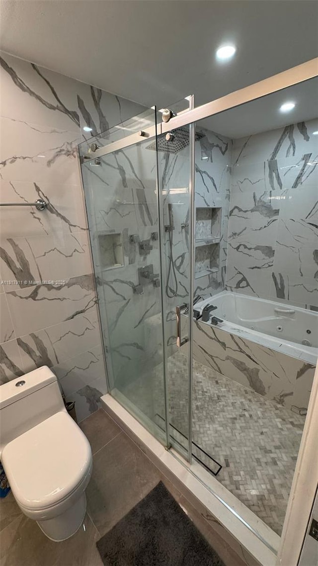 7115 SW 147th Ct, Miami, FL 33193 - bathroom with tile walls, a marble finish shower, a bathtub, and recessed lighting