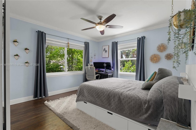 4240 SW 9th St, Plantation, FL 33317 - bedroom featuring ornamental molding, dark wood-type flooring, and a ceiling fan