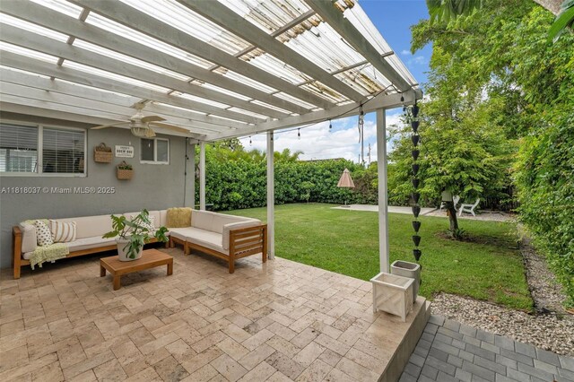 3075 SW 19th St, Miami, FL 33145 - view of patio with a pergola, a ceiling fan, and an outdoor hangout area