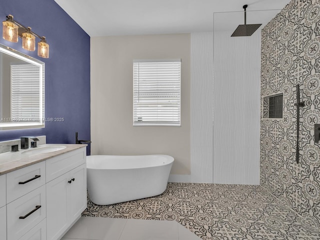 624 Stanton Dr, Weston, FL 33326 - full bathroom featuring vanity, a soaking tub, a walk in shower, and tile patterned flooring