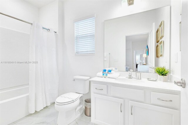 2496 Rama Dr, Kissimmee, FL 34746 - bathroom featuring vanity, shower / bathtub combination with curtain, and marble look tiles