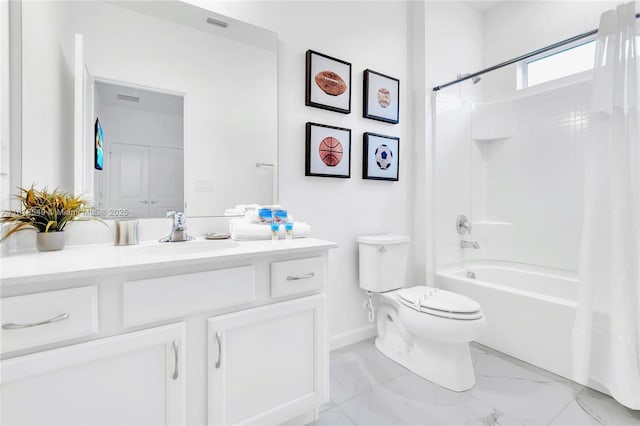 2496 Rama Dr, Kissimmee, FL 34746 - full bath with marble finish floors, vanity, and shower / bath combination with curtain