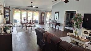 9480 NW 10th St, Plantation, FL 33322 - living area with a ceiling fan, wood finished floors, and ornamental molding