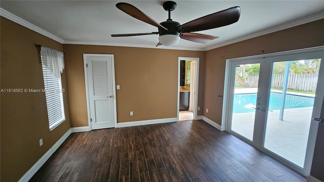 9480 NW 10th St, Plantation, FL 33322 - unfurnished room featuring french doors, dark wood finished floors, crown molding, and ceiling fan