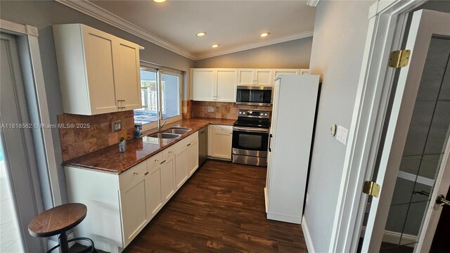 9480 NW 10th St, Plantation, FL 33322 - kitchen with stainless steel appliances, a sink, ornamental molding, dark wood finished floors, and backsplash