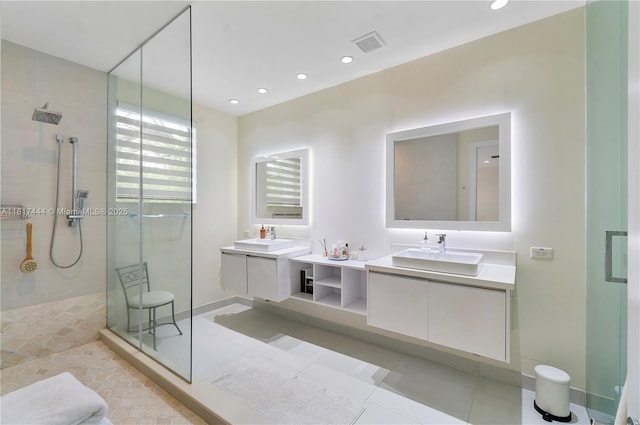 10540 NW 63rd Ter, Doral, FL 33178 - bathroom with tiled shower, vanity, recessed lighting, and tile patterned floors