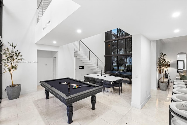 3660 SW 12th St, Miami, FL 33135 - playroom featuring billiards table, baseboards, arched walkways, a towering ceiling, and recessed lighting