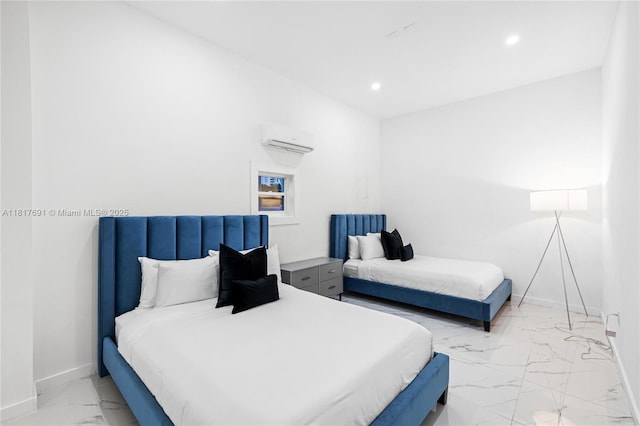 3660 SW 12th St, Miami, FL 33135 - bedroom with light marble finish floors, a wall unit AC, baseboards, and recessed lighting