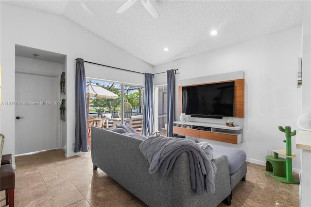 886 SW 180th Ter, Pembroke Pines, FL 33029 - living room with lofted ceiling, a textured ceiling, a ceiling fan, and recessed lighting