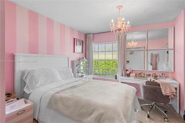 886 SW 180th Ter, Pembroke Pines, FL 33029 - carpeted bedroom with a chandelier and wallpapered walls