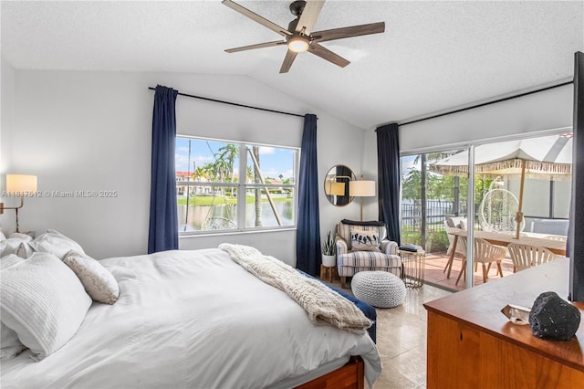 886 SW 180th Ter, Pembroke Pines, FL 33029 - bedroom featuring vaulted ceiling, access to outside, a textured ceiling, and ceiling fan