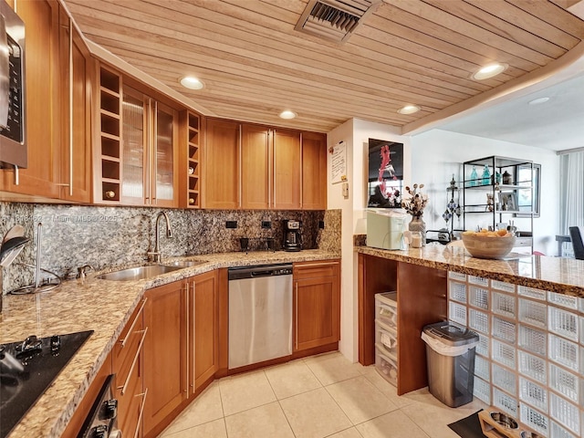 1408 Brickell Bay Dr Unit 411, Miami, FL 33131 - kitchen with appliances with stainless steel finishes, wood ceiling, open shelves, light tile patterned floors, and brown cabinets