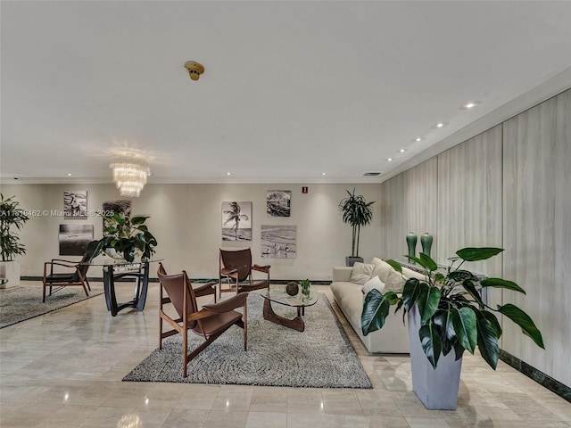 1408 Brickell Bay Dr Unit 411, Miami, FL 33131 - living area featuring recessed lighting, a chandelier, and crown molding
