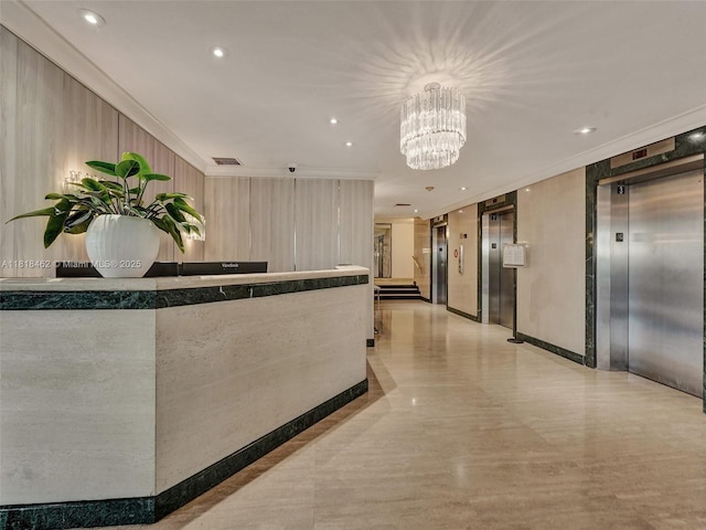 1408 Brickell Bay Dr Unit 411, Miami, FL 33131 - reception area featuring ornamental molding, a chandelier, and recessed lighting