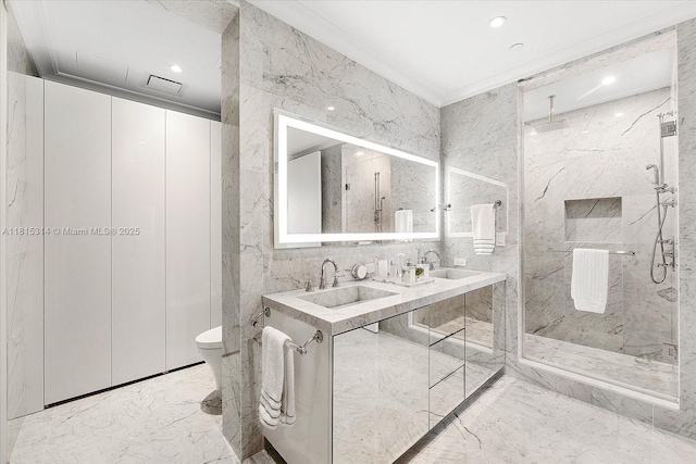 15701 Collins Ave Unit 3101, Sunny Isles Beach, FL 33160 - bathroom with toilet, a marble finish shower, marble finish flooring, crown molding, and double vanity