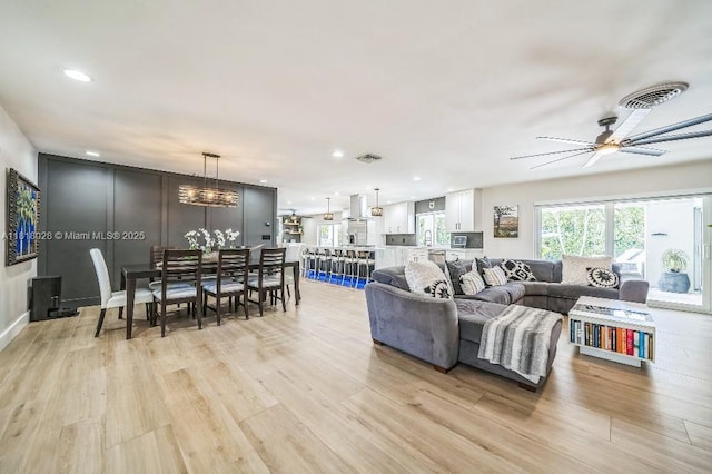 8005 SW 89th St, Miami, FL 33156 - living area with light wood-style flooring, recessed lighting, and ceiling fan