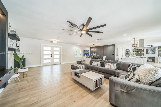 8005 SW 89th St, Miami, FL 33156 - living area featuring french doors, a ceiling fan, light wood-style flooring, and recessed lighting