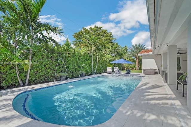 8005 SW 89th St, Miami, FL 33156 - swimming pool featuring a patio, an outdoor living space, and ceiling fan