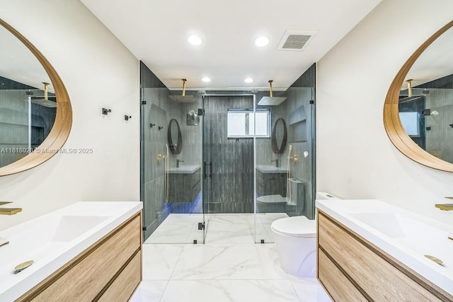8005 SW 89th St, Miami, FL 33156 - bathroom with a stall shower, marble look tile flooring, two vanities, and recessed lighting