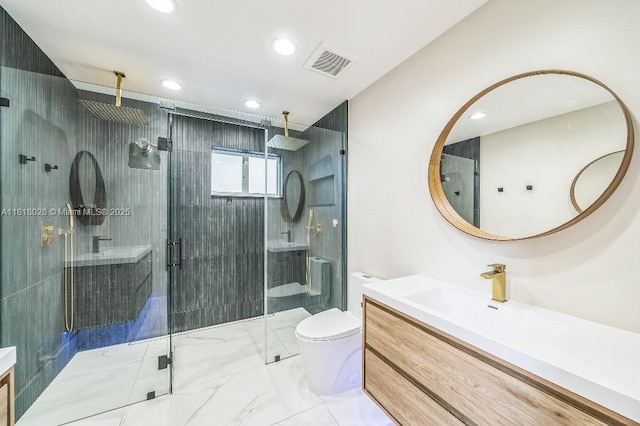 8005 SW 89th St, Miami, FL 33156 - full bath featuring vanity, marble look tile flooring, a shower stall, and recessed lighting