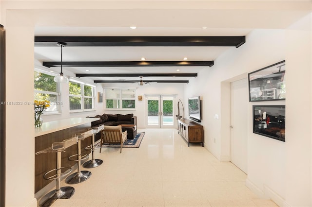 261 SW 30th Rd, Miami, FL 33129 - hall featuring beam ceiling, plenty of natural light, french doors, recessed lighting, and baseboards