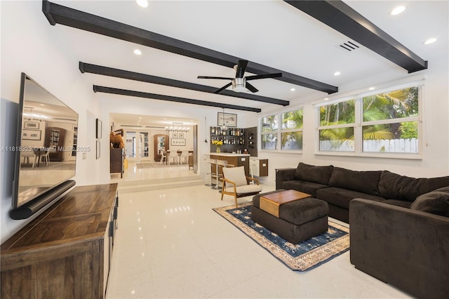 261 SW 30th Rd, Miami, FL 33129 - living room featuring beam ceiling, a ceiling fan, recessed lighting, and a chandelier