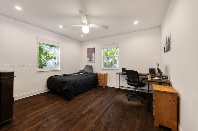 261 SW 30th Rd, Miami, FL 33129 - bedroom with wood finished floors, an office area, baseboards, recessed lighting, and ceiling fan