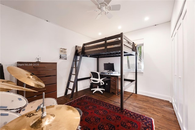 261 SW 30th Rd, Miami, FL 33129 - bedroom with wood finished floors, baseboards, recessed lighting, an office area, and a ceiling fan