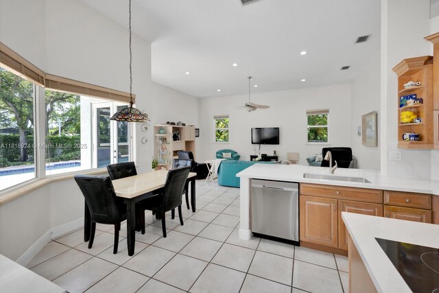 6129 SW 74th Ct, Miami, FL 33143 - kitchen featuring dishwasher, light countertops, light tile patterned floors, ceiling fan, and recessed lighting