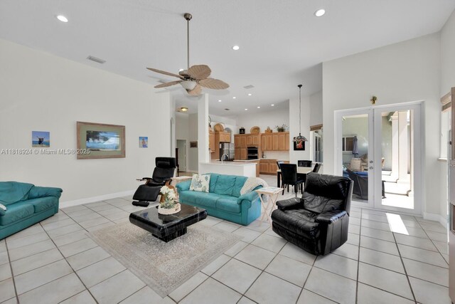 6129 SW 74th Ct, Miami, FL 33143 - living room with light tile patterned flooring, french doors, recessed lighting, and a ceiling fan