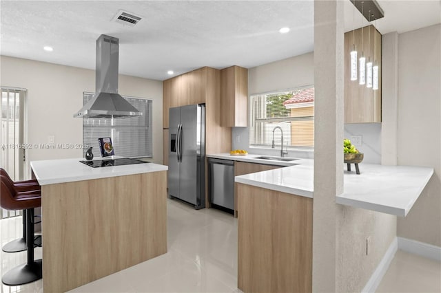 12633 NW 12th Ct, Sunrise, FL 33323 - kitchen with a sink, island exhaust hood, stainless steel appliances, modern cabinets, and recessed lighting