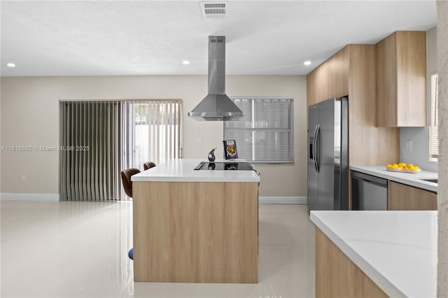 12633 NW 12th Ct, Sunrise, FL 33323 - kitchen with appliances with stainless steel finishes, island exhaust hood, modern cabinets, baseboards, and recessed lighting
