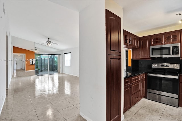 9601 NW 8th Cir, Plantation, FL 33324 - kitchen with stainless steel appliances, ceiling fan, baseboards, decorative backsplash, and light tile patterned floors
