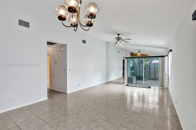 9601 NW 8th Cir, Plantation, FL 33324 - unfurnished room with ceiling fan, lofted ceiling, a chandelier, tile patterned flooring, and baseboards
