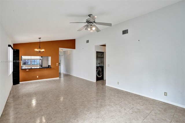 9601 NW 8th Cir, Plantation, FL 33324 - unfurnished living room featuring washer / clothes dryer, a chandelier, vaulted ceiling, ceiling fan, and baseboards